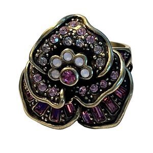 Vintage New Heidi Daus Pink Rhinestone Floral Antique Gold Statement Ring 8